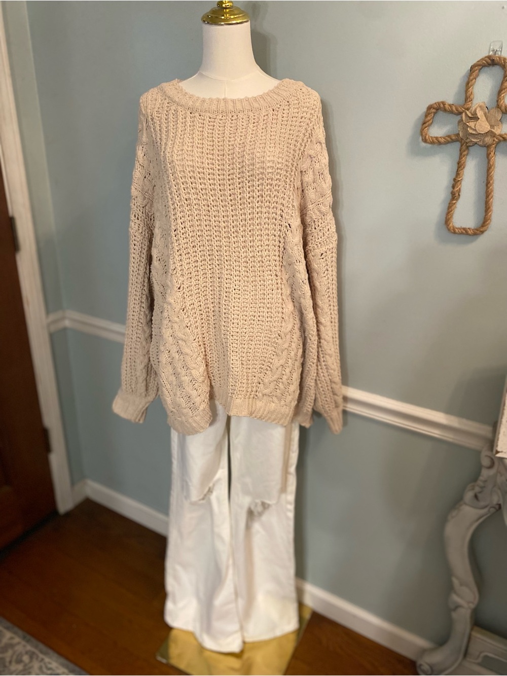Pink Lily Cream Cable Knit Scoop Neck Sweater